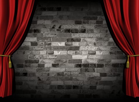 Illustration of a black and white wall with red curtains