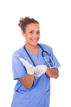 Young nurse with stethoscope with gloves isolated on white background