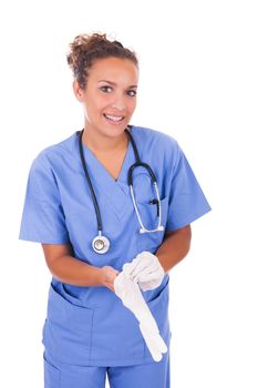 Young nurse with stethoscope with gloves isolated on white background