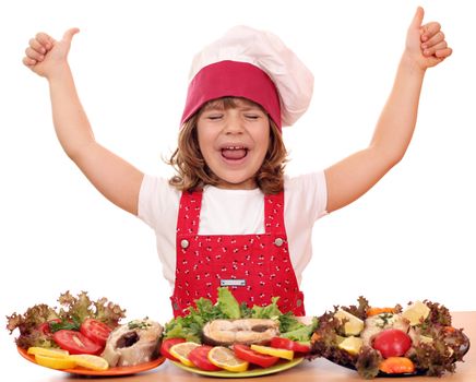 happy little girl cook with thumbs up and seafood