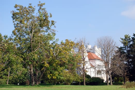 park with white castle landscape