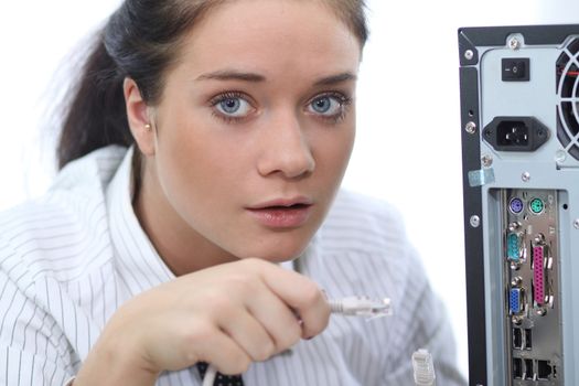 young woman and office computer