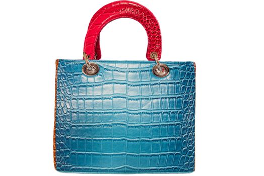 Square female handbag, blue and red in faux crocodile leather