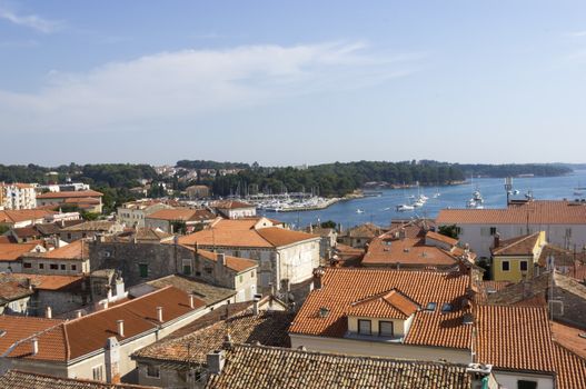 Panoramic view of down town Porec from the basilica tower, Istra, Croatia