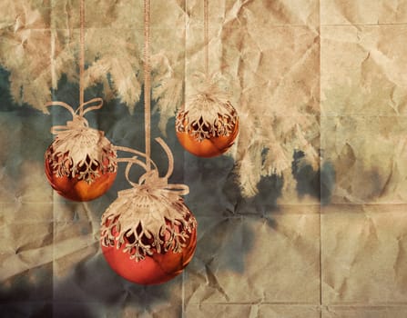 Christmas balls vintage illustration on brown wrinkled paper