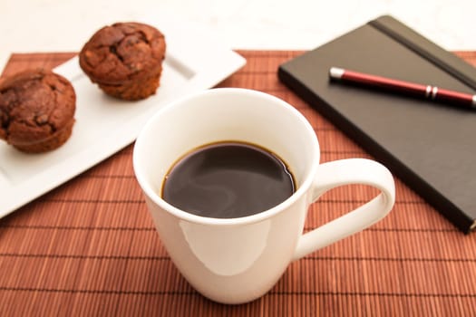 Chocolate Muffins on a white plate with  a cup of coffee
