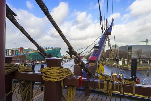 View of the Nemo Museum from the caravel at Scheepvaartmuseum(Maritime Museum), Amsterdam, the Netherlands