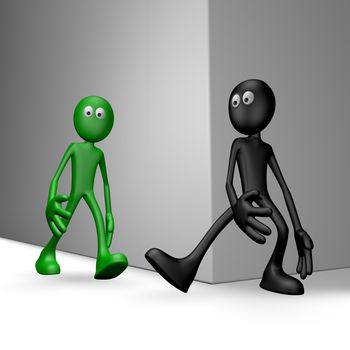 black guy tries get green guy to stumble - 3d illustration
