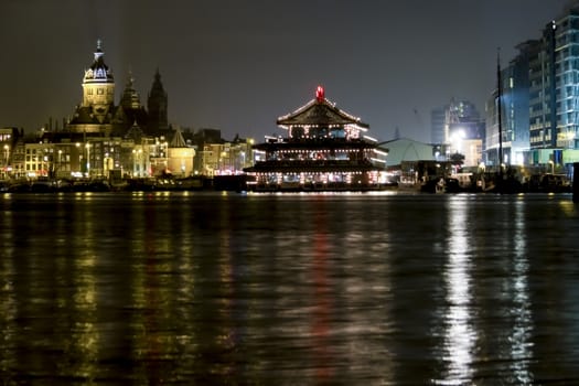 Night shot of Saint Nicholas Church (Sint Nicolaaskerk), Amsterdam, The Netherlands