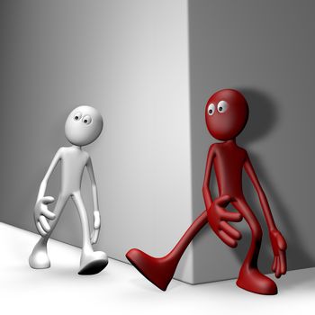 red guy tries get white guy to stumble - 3d illustration