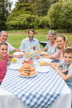 Cheerful extended family having dinner outdoors at picnic table smiling at camera