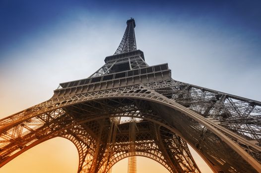 Eiffel tower shot from underneath for dramatic perspective