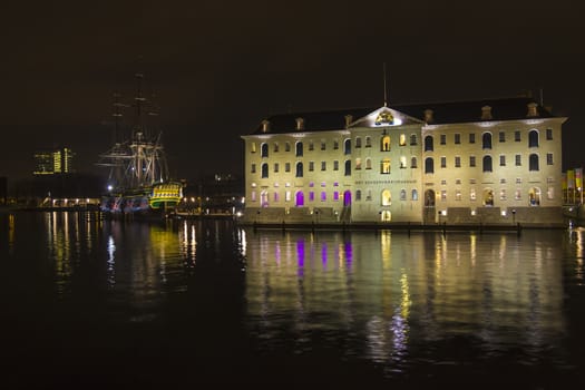 Night shot of het Scheepvaartmuseum(Maritime Museum) Amsterdam