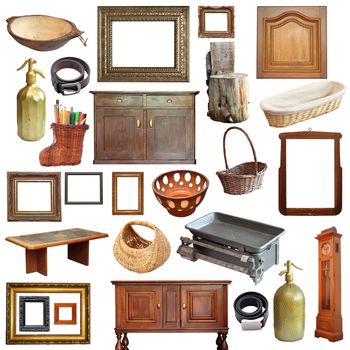 collage with a large number of old vintage objects isolated over white background