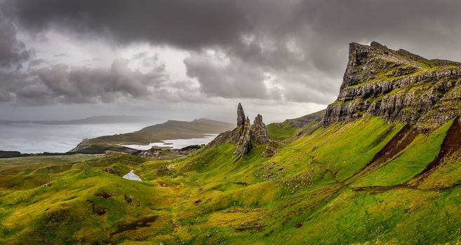 Panoramic view of Old man of Storr mountains, Scottish highlands, United Kingdom