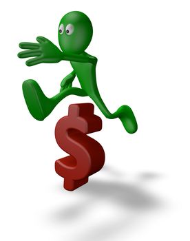 green guy jumps over dollar symbol - 3d illustration