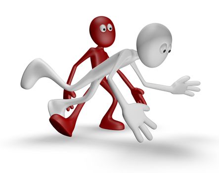 red guy gets white guy to stumble - 3d illustration