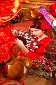 Flamenco woman with bullfighter and typical Spain Espana elements like castanets fan and comb