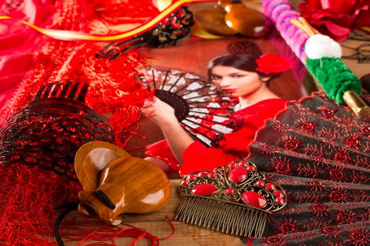 Flamenco woman with bullfighter and typical Spain Espana elements like castanets fan and comb