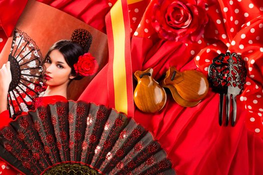 Flamenco woman with bullfighter and typical Spain Espana elements like castanets fan and comb