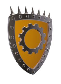 riveted metal shield with gear wheel symbol on white background - 3d illustration