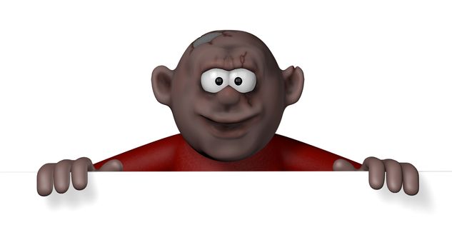 cartoon character is looking over blank white board - 3d illustration