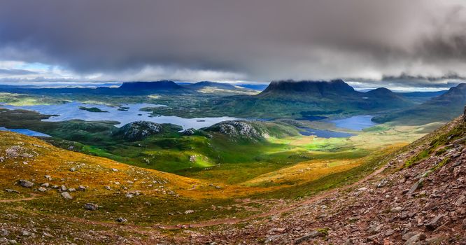 Panoramic view of Inverpolly mountains area in highlands of Scotland,  United Kingdom