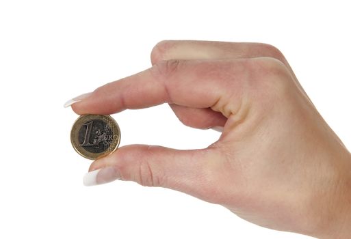 Hand holding one Euro, isolated on white background