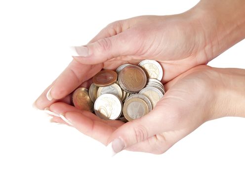 hands with coins, isolated on white background