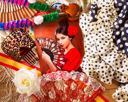 Flamenco woman with bullfighter and typical Spain Espana elements like castanets fan and comb