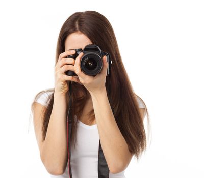 Young woman with digital camera, isolated on white