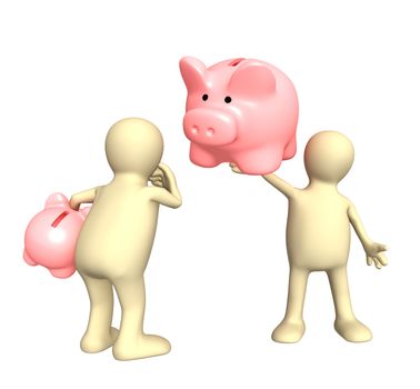 Two puppet with piggy bank. Isolated over white