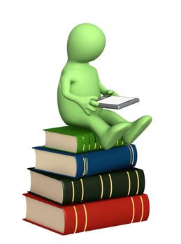 Green puppet with e-book and books. Isolated over white