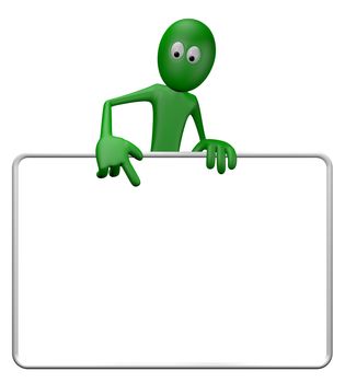green guy and blank white sign - 3d illustration