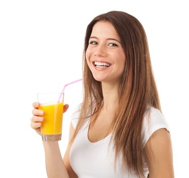 Nice young woman with a glass of orange juice, isolated on white