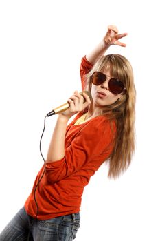 Teenagers girl singing into a microphone on a white background