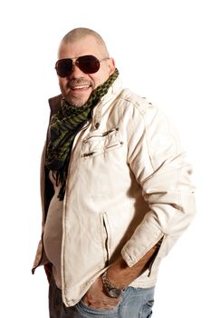 middle-aged man in leather jacket and big sunglasses on a white background