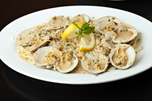 Italian pasta dish with fresh clams over pasta with herbs and cheese.  Shallow depth of field.