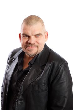 middle-aged man in black leather jacket on a white background