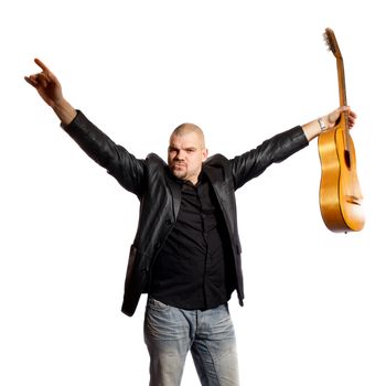 middle-aged man with guitar on a white background