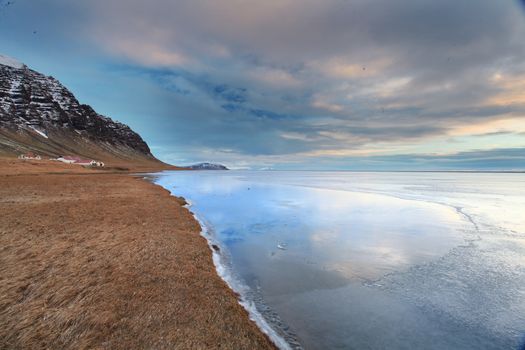 Iceland in twilight over the mountain range nd lakes