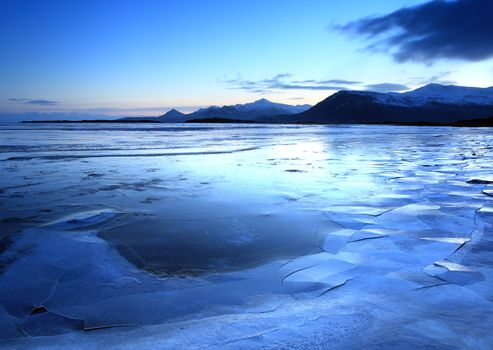 Iceland in twilight over the mountain range nd lakes