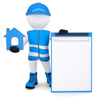 3d white man in overalls with house ico. Isolated render on a white background
