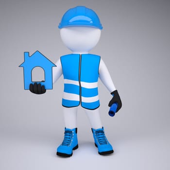 3d white man in overalls with house ico. Render on a gray background