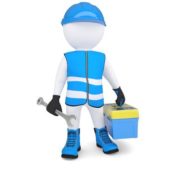 3d man in overalls with a wrench and tool box. Isolated render on a white background