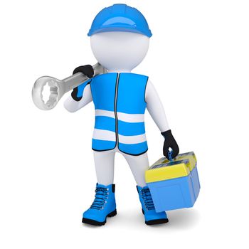 3d man in overalls with a wrench and tool box. Isolated render on a white background