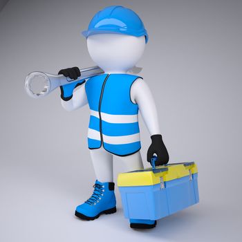 3d man in overalls with a wrench and tool box. Render on a gray background