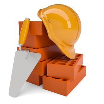 Bricks, trowel and a helmet. Isolated render on a white background