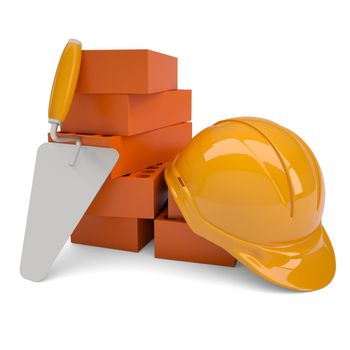Bricks, trowel and a helmet. Isolated render on a white background