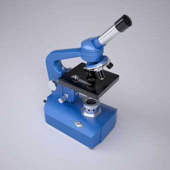 Blue microscope. Studio render on a gray background
